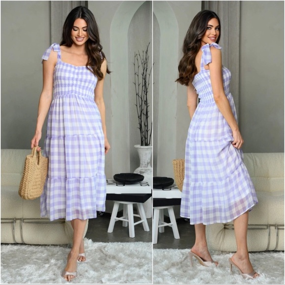ValMarie Dresses & Skirts - New Purple Gingham Check Women’s Trendy Cute Modest Purple White Midi Dress